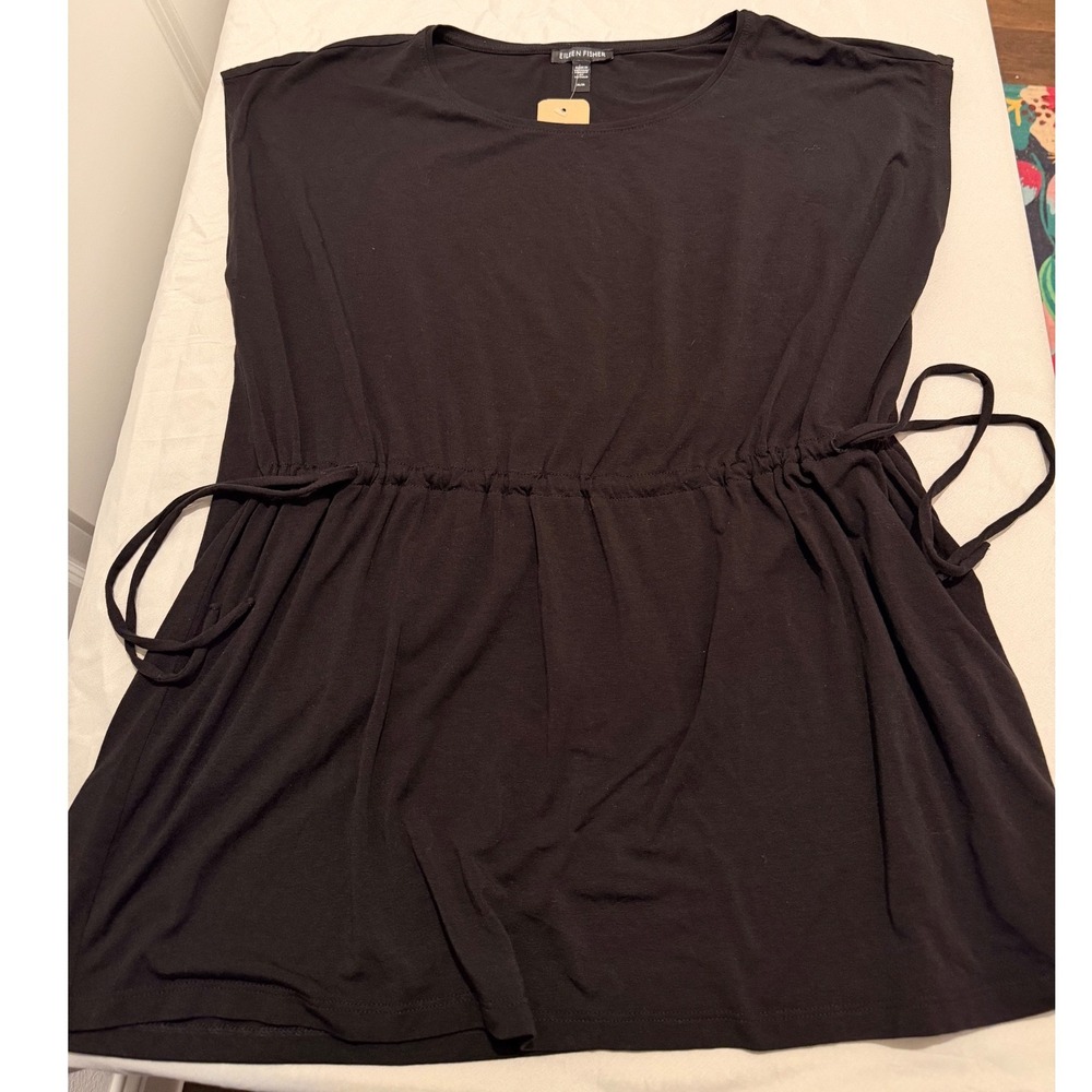 Eileen Fisher Renew Black Tencel Fine Jersey Drawstring Top Medium